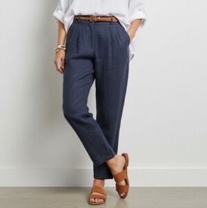 Garnet Hill Navy Straight Leg 100% Linen High Rise Trousers Size 10